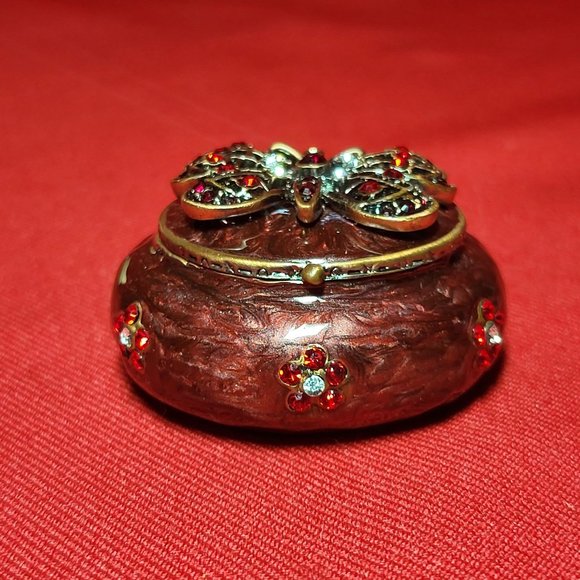 Vintage Trinket Box Burgundy Bejeweled Rhinestones Butterfly Design - Picture 9 of 12